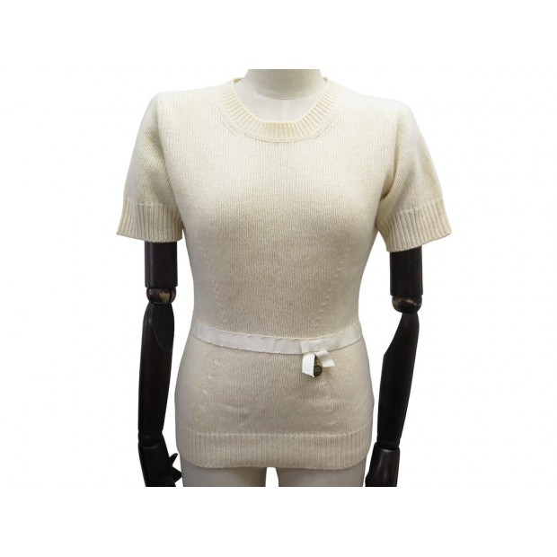 PULL LOUIS VUITTON A MANCHES COURTES RUBAN L 42 LAINE ECRU WOOL SWEATER 1500€