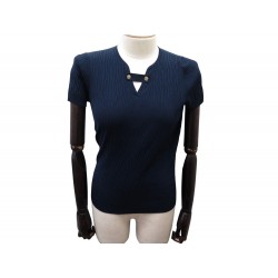 NEUF HAUT CHANEL TOP EN MAILLE COTELEE P58127K07618 S 36 CUPRO BLEU SHIRT 1400€