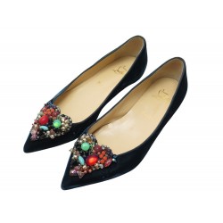 CHAUSSURES CHRISTIAN LOUBOUTIN BALLERINES DIVA CORA 38.5 VELOURS BLEU SHOE 1100€