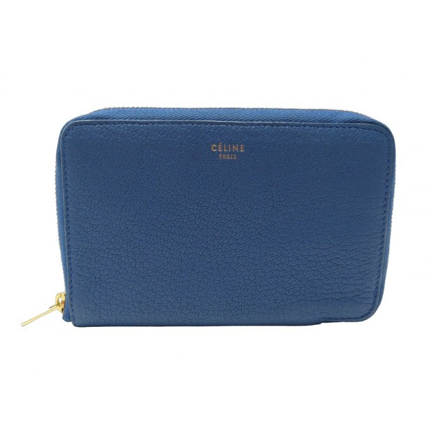 PORTEFEUILLE CELINE COMPACT ZIPPE EN CUIR GRAINE BLEU PORTE MONNAIE WALLET 550€