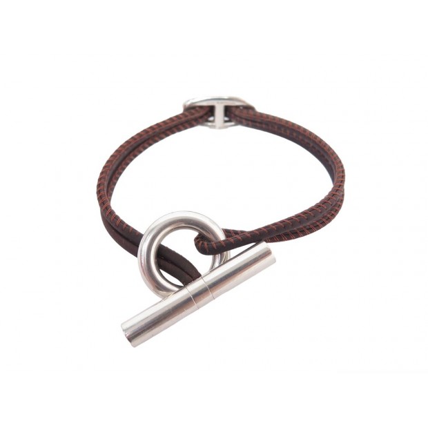 BRACELET HERMES SKIPPER EN ARGENT MASSIF 925 & CORDON 16 CM EN CUIR BANGLE 350€