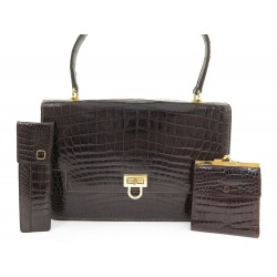 VINTAGE SAC A MAIN MORABITO EN CUIR CROCODILE + PORTE MONNAIE LIME ET PEIGNE