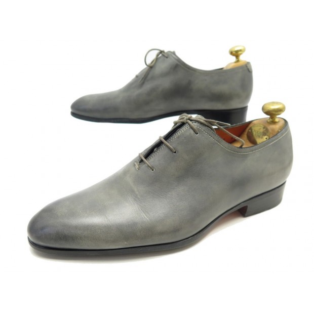 CHAUSSURES SANTONI CARTER RICHELIEU 6 IT 41 FR EN CUIR GRIS ONE CUT SHOES 1180€