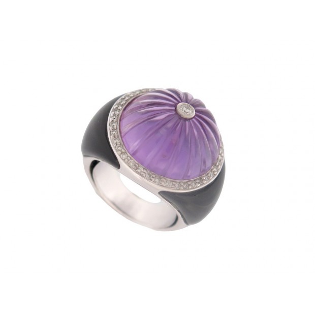 BAGUE DOME PIERRE AMETHYSTE EN OR BLANC 18K 13GR T48 SERTIE DE 50 DIAMANTS RING