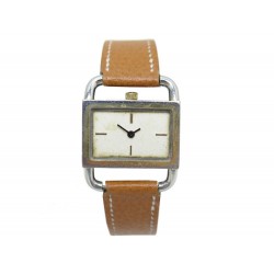 VINTAGE MONTRE HERMES ETRIER 26 MM QUARTZ METAL DORE & CUIR WATCH GOLD PLATED