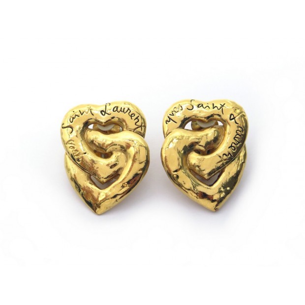 VINTAGE BOUCLES D'OREILLES YVES SAINT LAURENT DOUBLE COEUR METAL DORE EARRINGS