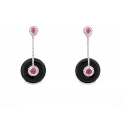 NEUF BOUCLES D'OREILLES OR 18K ONYX RUBIS 2.5CT DIAMANTS 0.9CT EARRINGS