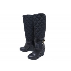 BOTTES MONCLER EN CUIR ET NYLON MATELASSE NOIR 36 TALONS COMPENSES BOOTS 750€