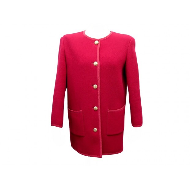 VINTAGE VESTE LONGUE CHANEL BOUTONS LOGO CC L 42 ROUGE CACHEMIRE JACKET 8400€