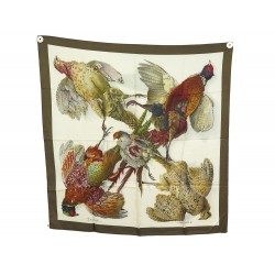 VINTAGE FOULARD HERMES BELLE CHASSE DE LINARES 90 EN SOIE KAKI SILK SCARF 460€