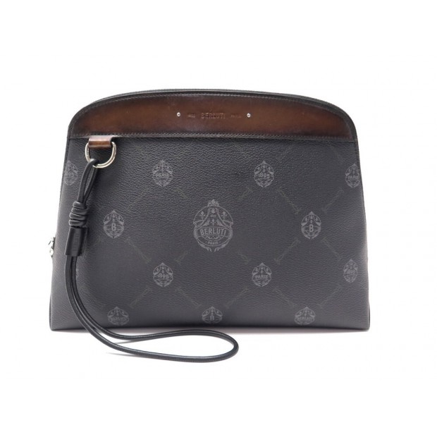 SAC A MAIN BERLUTI POCHETTE TOILE MONOGRAMME NOIR CUIR MARRON HAND CLUTCH 800€