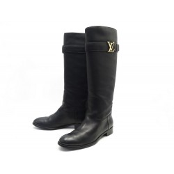 CHAUSSURES LOUIS VUITTON LEGACY 39 BOTTES A TALONS CUIR NOIR LOGO LV BOOTS 1800€