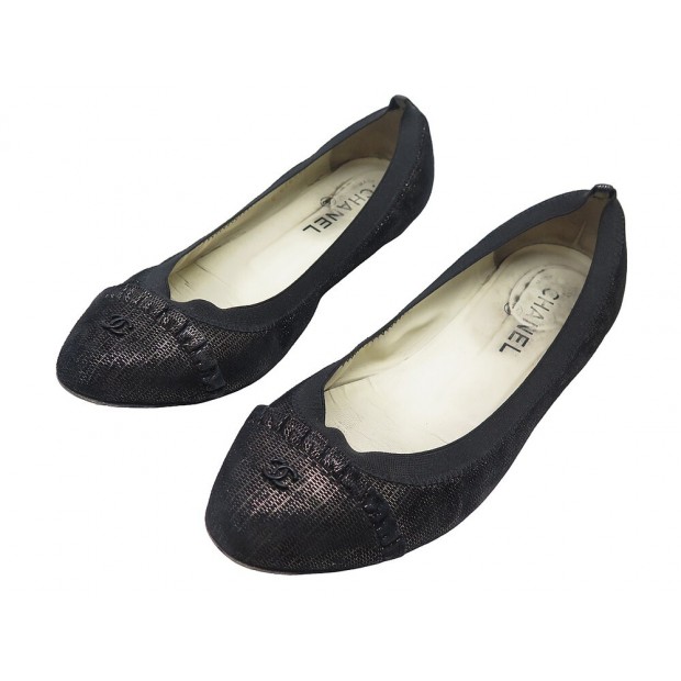 CHAUSSURES CHANEL G26480 BALLERINES LOGO CC 38.5 EN TOILE NOIR DORE SHOES 800€