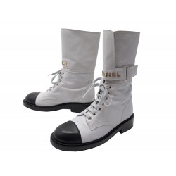 CHAUSSURES CHANEL BOTTINES COMBAT LOGO 38.5 CUIR GRIS CLAIR BOOTS SHOES 1800€