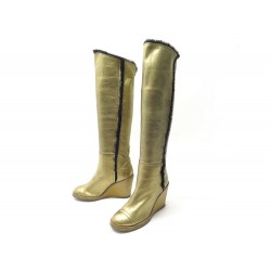 CHAUSSURES BOTTES CHANEL FOURREES 40 CUIR DORE GOLDEN FUR LEATHER BOOTS 1800€