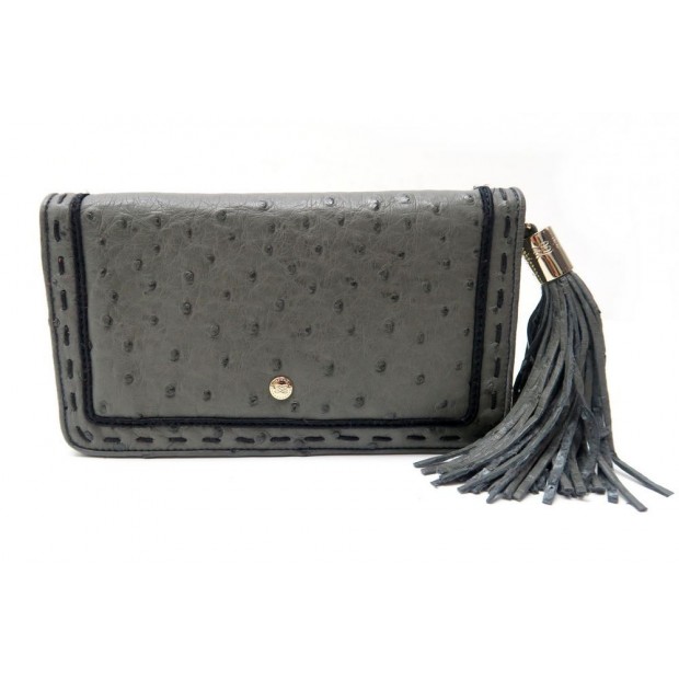 NEUF PORTEFEUILLE LANCEL PERMIER FLIRT EN CUIR D'AUTRUCHE GRIS WALLET 850€