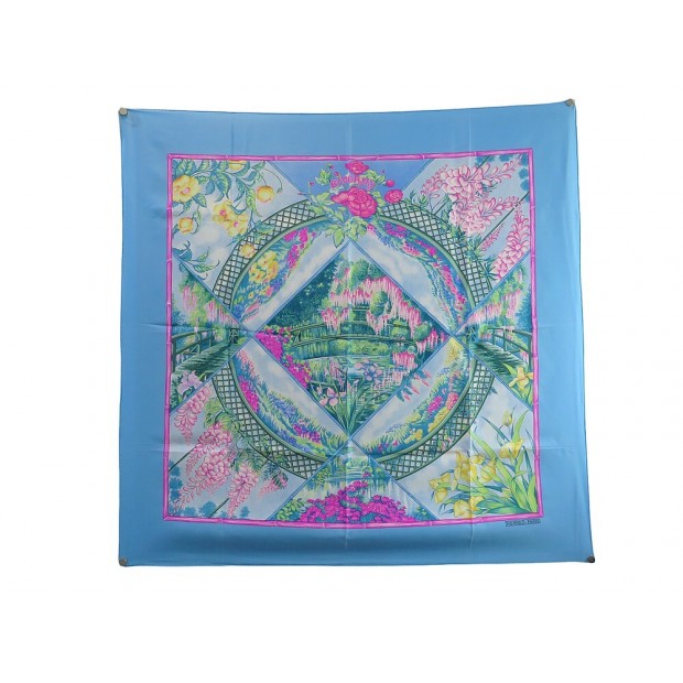 FOULARD HERMES GIVERNY CARRE 90 LAURENCE BOURTHOUMIEUX SOIE TURQUOISE SCARF 460€