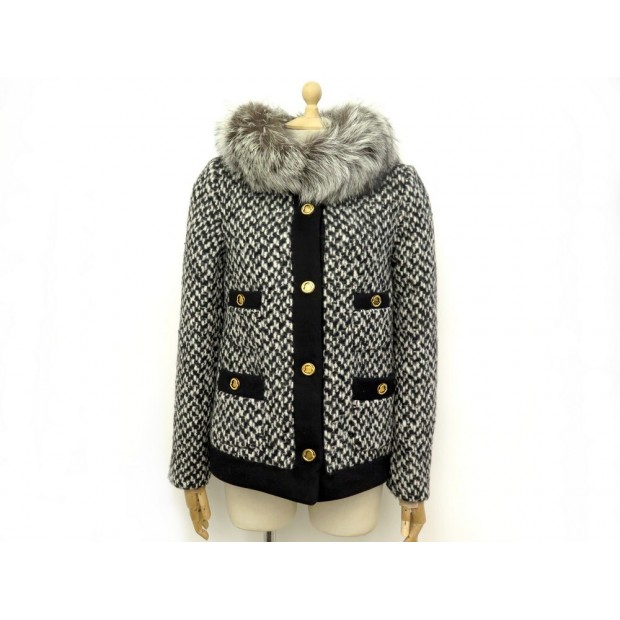 NEUF MANTEAU MONCLER NAI GIUBBOTTO T1 38 M TWEED NOIR & FOURRURE DE RENARD 1350€