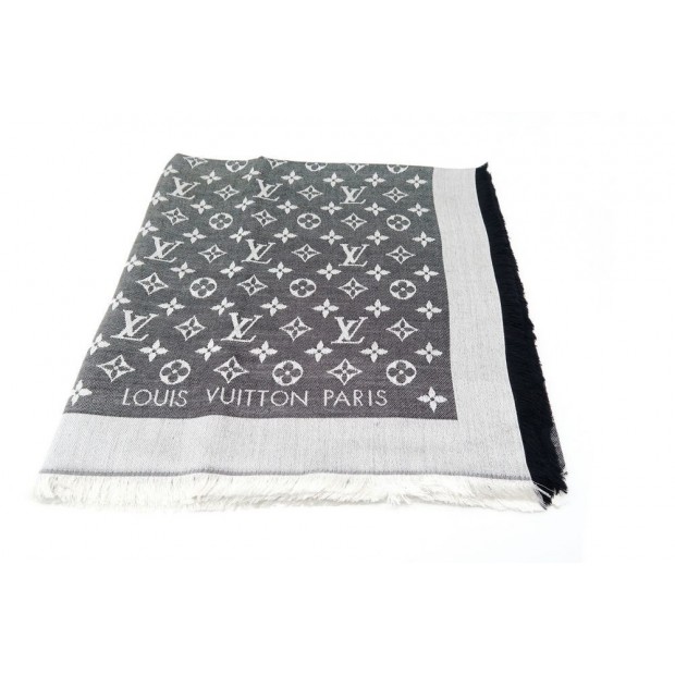 NEUF FOULARD LOUIS VUITTON CHALE MONOGRAM DENIM M71378 EN SOIE & LAINE GRIS 400€