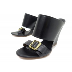 NEUF CHAUSSURES CHLOE MULES COMPENSEES 36.5 CUIR NOIR BLACK LEATHER SHOES 690€