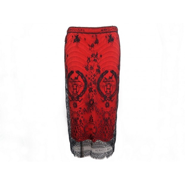 NEUF JUPE HERMES CRAYON EN DENTELLE MI-LONGUE M 38 ROUGE NOIR LACE SKIRT 2800€