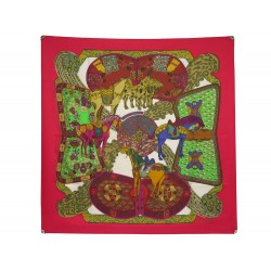 FOULARD HERMES ART DES STEPPES ANNIE FAIVRE CARRE 90 SOIE ROUGE SILK SCARF 460€