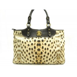 SAC A MAIN ROBERTO CAVALLI FOURRE TOUT LEOPARD CUIR TOILE MARRON TOTE BAG 895€