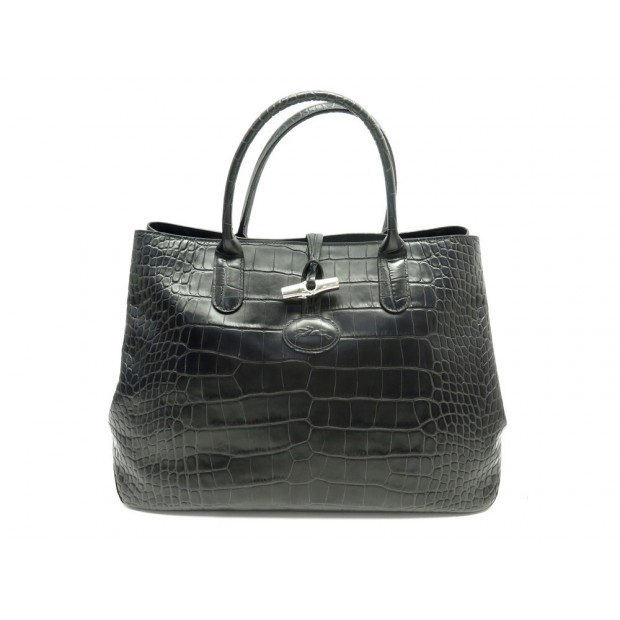 SAC A MAIN LONGCHAMP ROSEAU 2686859001 CUIR FACON CROCO NOIR CABAS TOTE BAG 490€