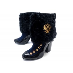 CHAUSSURES CHANEL BOTTINES PARIS-MOSCOU 38.5 CUIR VERNI & FOURRURE BOOTS 1500€