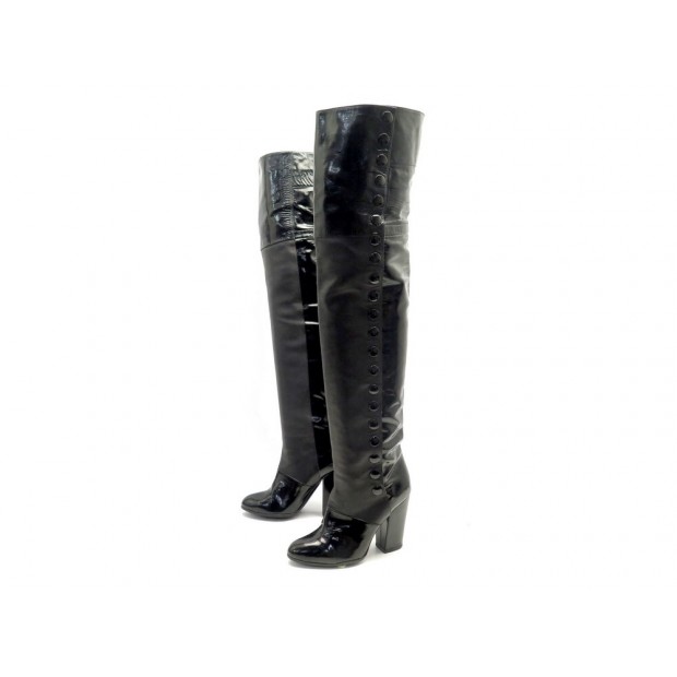 CHAUSSURES BOTTES CHANEL G26293 CUISSARDES 37 CUIR VERNIS NOIR BLACK BOOTS 2300€