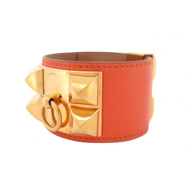 BRACELET HERMES COLLIER DE CHIEN MEDOR CDC 15-17CM CUIR SWIFT ORANGE DORE 1140€