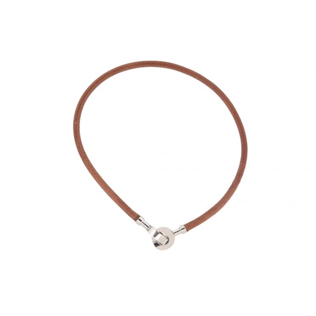 COLLIER HERMES MENOTTES CUIR & METAL ARGENTE BRACELET DOUBLE TOUR NECKLACE 450€