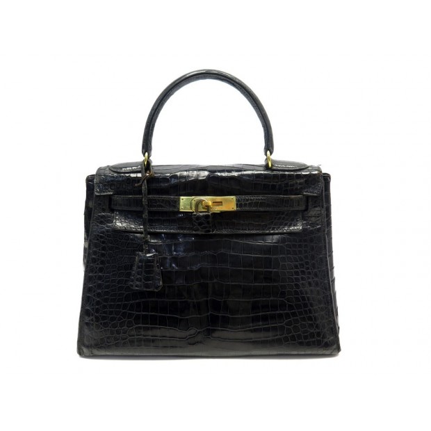 VINTAGE SAC A MAIN HERMES KELLY 29 SELLIER EN CUIR CROCODILE NOIR 1962 HAND BAG