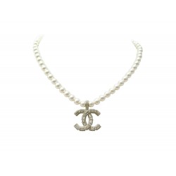 NEUF COLLIER CHANEL LOGO CC PERLES 35/45 METAL DORE PEARLS NECKLACE 1290€