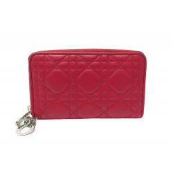 NEUF PORTEFEUILLE DIOR LADY DIOR CUIR CANNAGE COMPACT CUIR ROUGE WALLET 650€