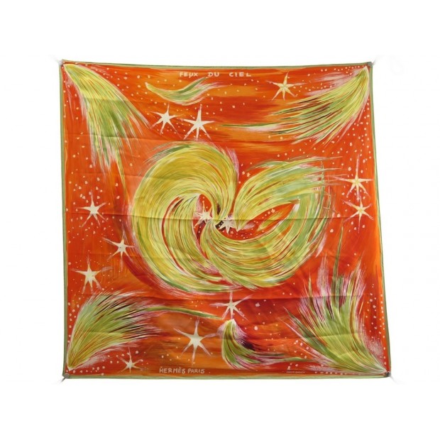 FOULARD HERMES LES FEUX DU CIEL EN SOIE ORANGE CARRE 90 CM SILK SCARF 495€