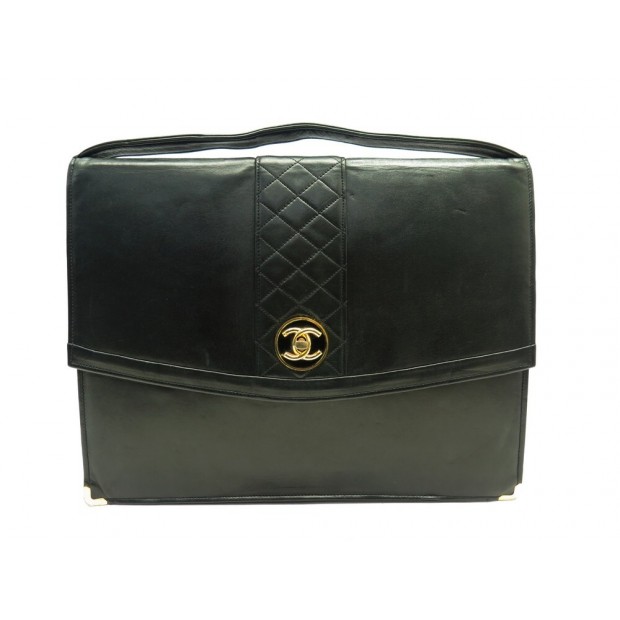 VINTAGE SACOCHE CHANEL CARTABLE MATELASSE TIMELESS DORE CUIR NOIR BRIEFCASE