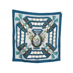 VINTAGE FOULARD HERMES AUX CHAMPS PAR CATY LATHAM EN SOIE BLEUE SILK SCARF 460€