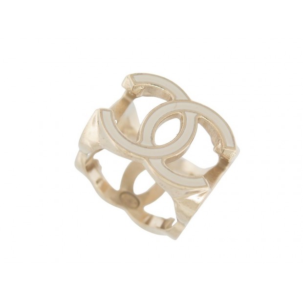 NEUF BAGUE CHANEL CUB LOGO CC 54 METAL DORE ET LAQUE BLANCHE NEW STEEL RING 600€