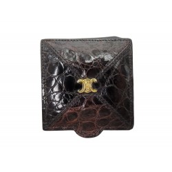 VINTAGE PORTE-MONNAIE CELINE BOURSE TRIOMPHE CUIR CROCODILE MARRON COIN PURSE