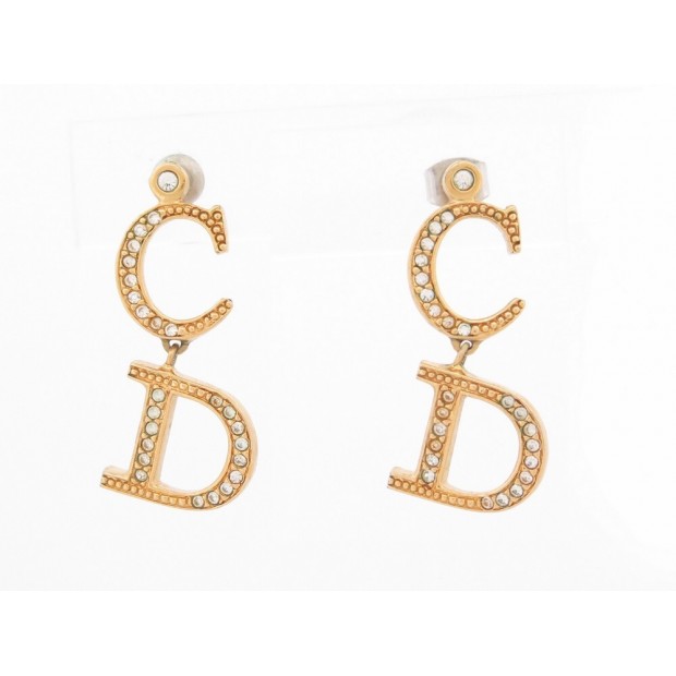 BOUCLES D'OREILLES DIOR LOGO CD STRASS EN METAL DORE GOLD STEEL EARRINGS 420€