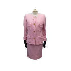 VINTAGE TAILLEUR CHANEL VESTE + JUPE 42 L TWEED ROSE PINK JACKET SKIRT 6500€