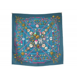 FOULARD HERMES PETITE MAIN CATHY LATHAM CARRE EN SOIE BLEU BLUE SILK SCARF 460€