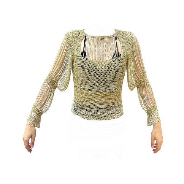 NEUF VINTAGE T-SHIRT LORIS AZZARO GOLD CROCHET & CHAIN FRINGE M 38 DORE CHAINES