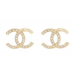 NEUF BOUCLES D'OREILLES CHANEL LOGO CC STRASS METAL DORE NEW EARRINGS 650€