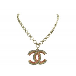 NEUF COLLIER CHANEL PENDENTIF LOGO CC STRASS MULTICOLORE DORE NECKLACE 1900€
