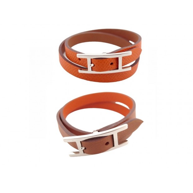 NEUF BRACELET HERMES BEHAPI DOUBLE TOUR 16 A 17 CM CUIR ET METAL ARGENTE 340€