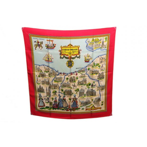 RARE VINTAGE FOULARD HERMES CHATEAUX NORMANDS GRYGKAR 1950 CARRE ROUGE SCARF