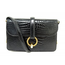 VINTAGE SAC A MAIN MORABITO DOUBLE SOUFFLET EN CUIR CROCODILE NOIR PORTEFEUILLE