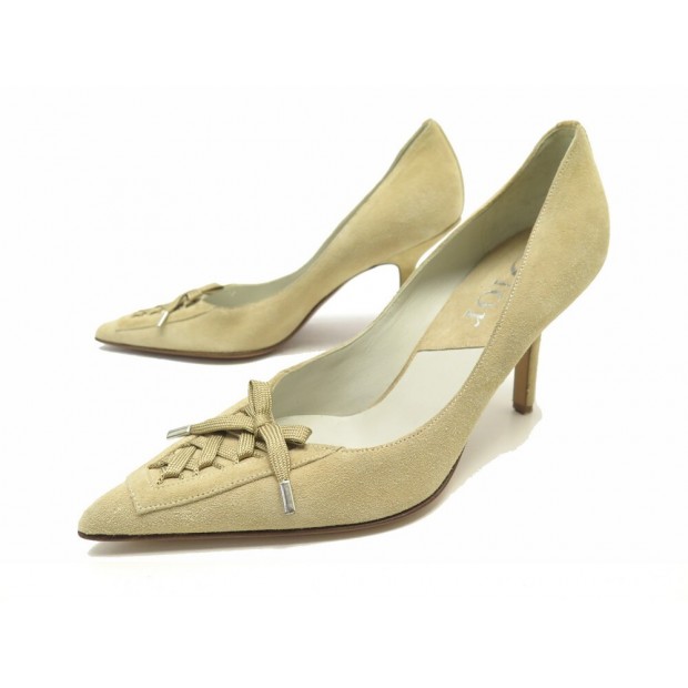 NEUF CHAUSSURES DIOR ESCARPINS LACETS 38.5 EN DAIM BEIGE SUEDE PUMP SHOES 650€